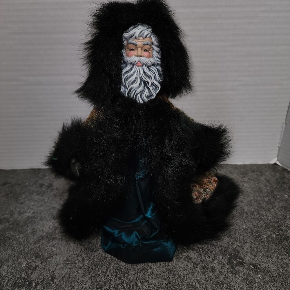Vintage Black Faux Fur Santa Tree Topper Figurine Tapestry Coat Father Christmas